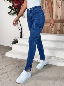 SHEIN Essnce 翻蓋口袋下擺開叉緊身牛仔褲