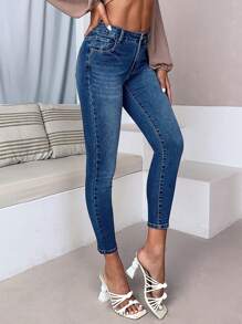 SHEIN Essnce Skinny Cropped Jeans - Medium Wash - View 1