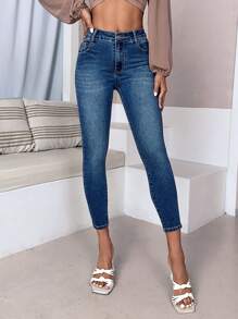 SHEIN Essnce Skinny Cropped Jeans - Medium Wash - View 3
