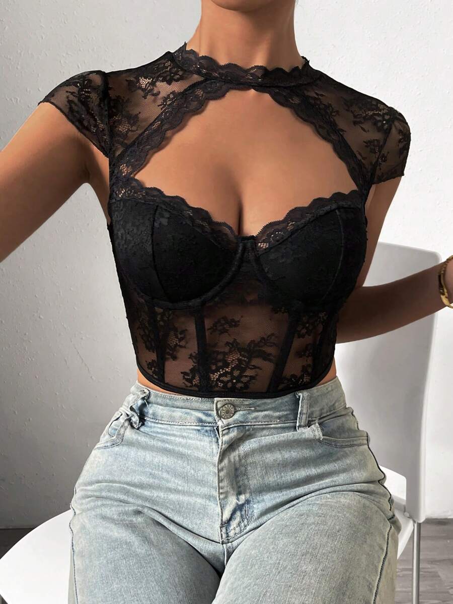 Chiquease Cut Out Front Bustier Crop Lace Top - Black - View 1