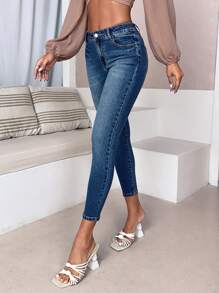 SHEIN Essnce Skinny Cropped Jeans - Medium Wash - View 4