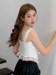 DAZY 对比色蕾丝边系带背心娃娃装上衣性感女式上衣短款女式上衣 - 白色 - 查看 3