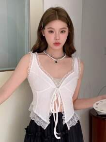 DAZY 对比色蕾丝边系带背心娃娃装上衣性感女式上衣短款女式上衣 - 白色 - 查看 4