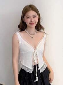 DAZY 对比色蕾丝边系带背心娃娃装上衣性感女式上衣短款女式上衣 - 白色 - 查看 5