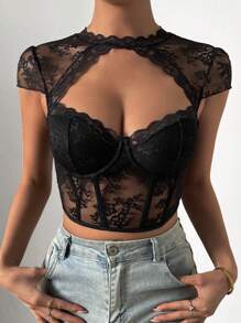 Chiquease Cut Out Front Bustier Crop Lace Top - Black - View 6