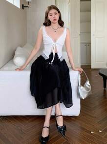 DAZY 对比色蕾丝边系带背心娃娃装上衣性感女式上衣短款女式上衣 - 白色 - 查看 7