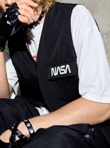 Manfinity EMRG 鬆身男士字母圖形翻蓋口袋背心外套 - 黑色 - 查看 4