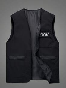 Manfinity EMRG 鬆身男士字母圖形翻蓋口袋背心外套 - 黑色 - 查看 7