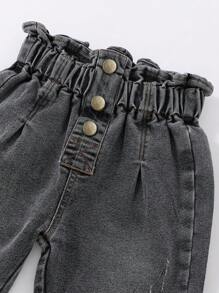 SHEIN 年轻女孩复古时尚休闲喇叭高腰宽松锥形牛仔裤，带口袋，百搭时尚单品，适合全年穿着