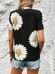 SHEIN LUNE Floral Print Tee - Black - View 2