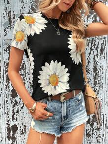 SHEIN LUNE Floral Print Tee - Black - View 3