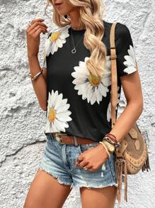 SHEIN LUNE Floral Print Tee - Black - View 6