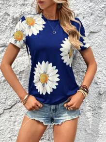 SHEIN LUNE Áo thun nữ Hoa Giải trí - Màu xanh hải quân - Xem 1