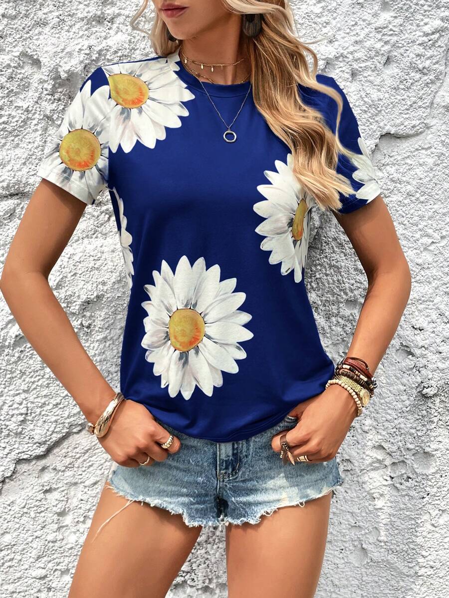 SHEIN LUNE Áo thun nữ Hoa Giải trí - Màu xanh hải quân - Xem 1