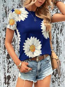 SHEIN LUNE Áo thun nữ Hoa Giải trí - Màu xanh hải quân - Xem 3