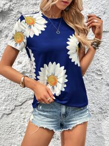 SHEIN LUNE Áo thun nữ Hoa Giải trí - Màu xanh hải quân - Xem 6