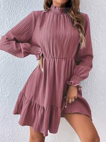 SHEIN Clasi Frill Neck Flounce Sleeve Ruffle Hem Dress - Dusty Pink - View 1