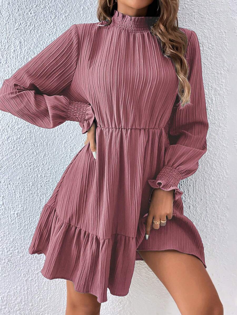SHEIN Clasi Frill Neck Flounce Sleeve Ruffle Hem Dress - Dusty Pink - View 1