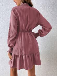 SHEIN Clasi Frill Neck Flounce Sleeve Ruffle Hem Dress - Dusty Pink - View 2