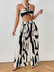 Firerie Graphic Print Halter Top & Wide Leg Trousers - Black - View 4