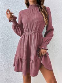 SHEIN Clasi Frill Neck Flounce Sleeve Ruffle Hem Dress - Dusty Pink - View 3