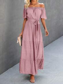 SHEIN LUNE Đầm Thắt lưng Viên lá sen Chấm bi Giải trí - Hồng - Xem 1