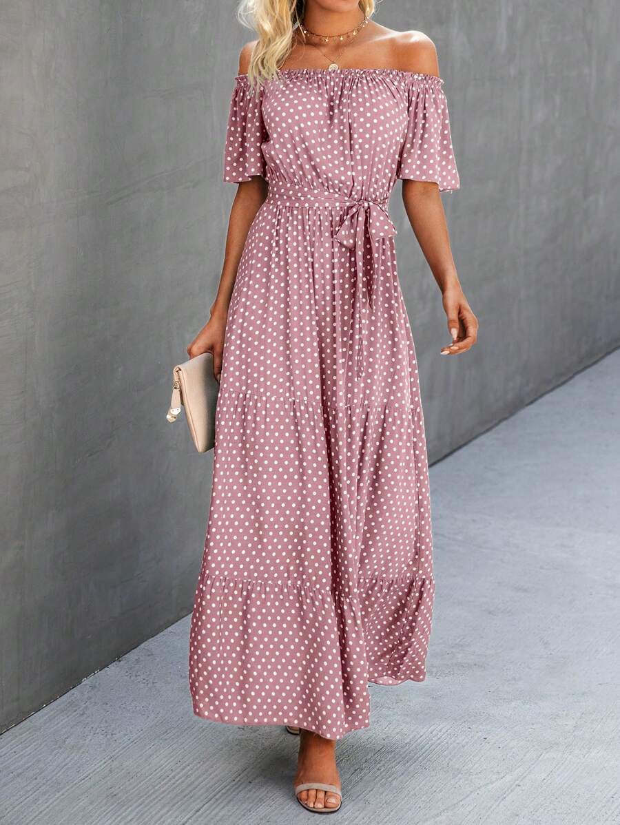 SHEIN LUNE Đầm Thắt lưng Viên lá sen Chấm bi Giải trí - Hồng - Xem 1