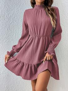 SHEIN Clasi Frill Neck Flounce Sleeve Ruffle Hem Dress - Dusty Pink - View 4