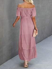 SHEIN LUNE Đầm Thắt lưng Viên lá sen Chấm bi Giải trí - Hồng - Xem 2