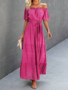 SHEIN VCAY 波點圖案一字肩荷葉邊繫腰帶洋裝 - 玫紅色 - 查看 1