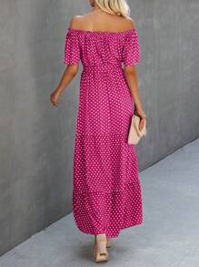 SHEIN VCAY 波點圖案一字肩荷葉邊繫腰帶洋裝 - 玫紅色 - 查看 2