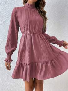 SHEIN Clasi Frill Neck Flounce Sleeve Ruffle Hem Dress - Dusty Pink - View 5