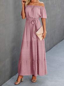 SHEIN LUNE Đầm Thắt lưng Viên lá sen Chấm bi Giải trí - Hồng - Xem 4