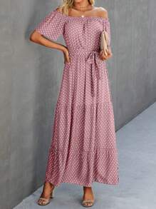 SHEIN LUNE Đầm Thắt lưng Viên lá sen Chấm bi Giải trí - Hồng - Xem 5