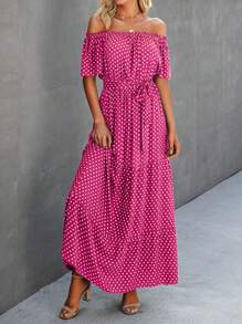 SHEIN VCAY 波點圖案一字肩荷葉邊繫腰帶洋裝 - 玫紅色 - 查看 3