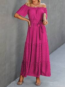 SHEIN VCAY 波點圖案一字肩荷葉邊繫腰帶洋裝 - 玫紅色 - 查看 5