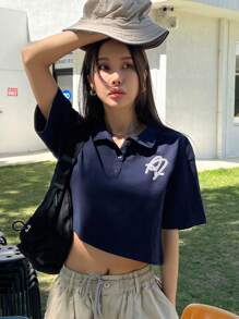 DAZY Graphic Print Polo Neck Crop Tee - Navy Blue - View 1