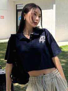 DAZY Graphic Print Polo Neck Crop Tee - Navy Blue - View 2