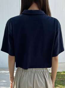 DAZY Graphic Print Polo Neck Crop Tee - Navy Blue - View 6