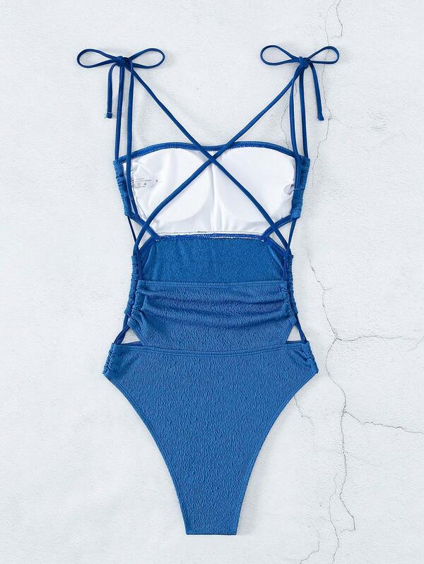 Cut Out Tie Shoulder Crisscross Backless Ruched Side One Piece Swimsuit