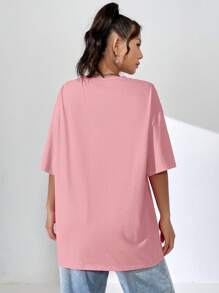 SHEIN EZwear Slogan & Butterfly Print Drop Shoulder Oversized Tee - Coral Pink - View 2