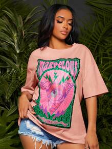 SHEIN SXY Áo thun nữ Con số Lá thư Giải trí - Màu Hồng baby - Xem 5