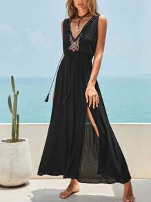 Bohemela Floral Embroidery Split Thigh Dress