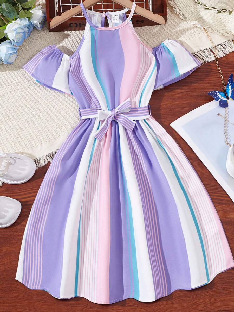 SHEIN Girls Striped Cold Shoulder Belted Dress - Multicolor - View 1