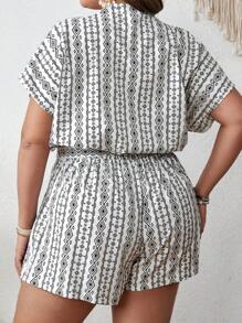 SHEIN VCAY Jumpsuits Plus Size Thắt lưng Trọn gói Bộ lạc Boho - Đen và trắng - Xem 5