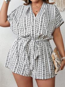 SHEIN VCAY Jumpsuits Plus Size Thắt lưng Trọn gói Bộ lạc Boho - Đen và trắng - Xem 1