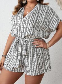 SHEIN VCAY Jumpsuits Plus Size Thắt lưng Trọn gói Bộ lạc Boho - Đen và trắng - Xem 2