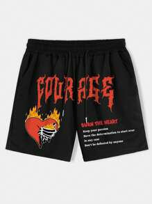 ROMWE MEN Guys Slogan Graphic Drawstring Waist Shorts - Black - View 1