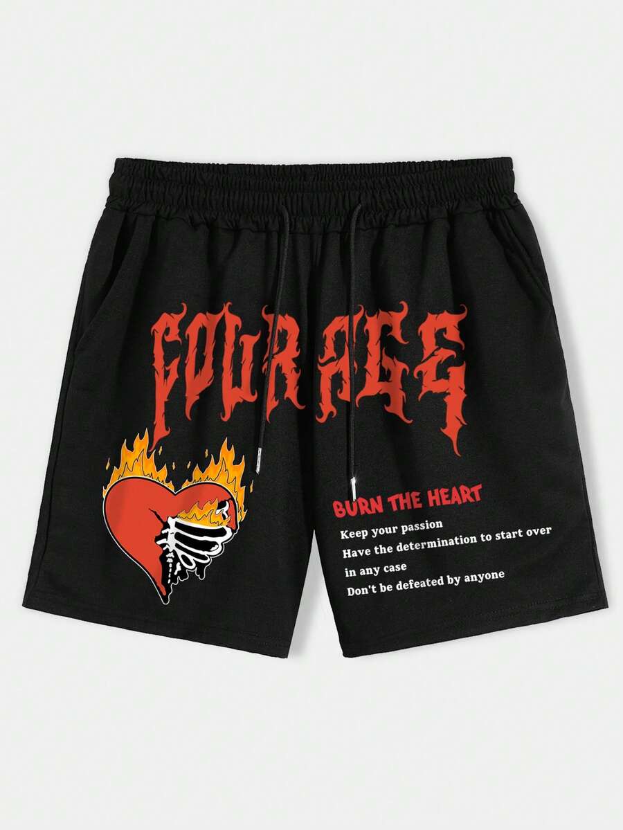 ROMWE MEN Guys Slogan Graphic Drawstring Waist Shorts - Black - View 1