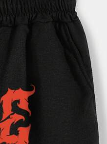ROMWE MEN Guys Slogan Graphic Drawstring Waist Shorts - Black - View 4